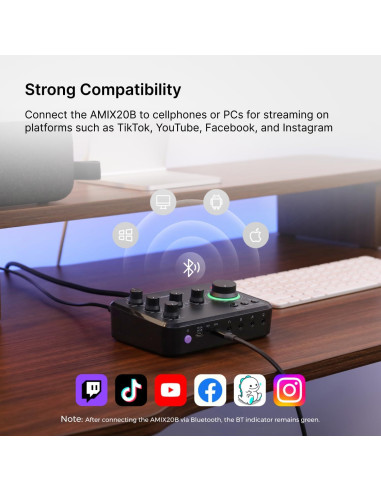 Interfaz de Audio AMIX20B - Mezclador 8 Canales, Bluetooth, 48V