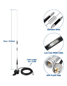 Antena de Radio Móvil Bingfu VHF UHF 136-470MHz 5m con Soporte 2