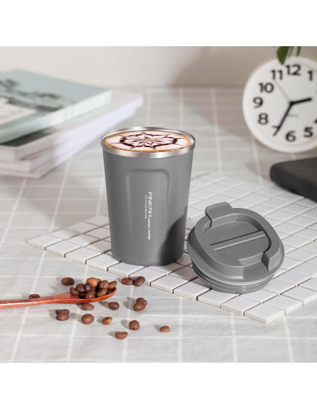 Taza de viaje PINKAH 355 ml acero inoxidable aislada gris