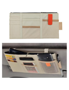 Organizador de Visera de Coche Gasedin Beige con Múltiples Bolsillos