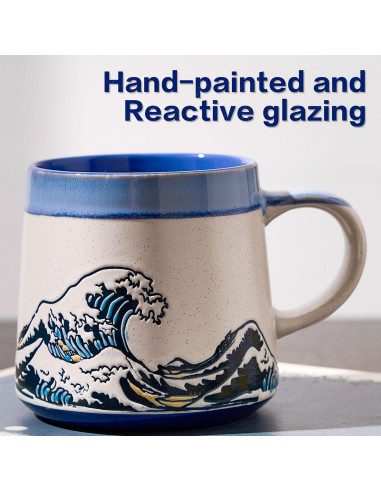 Taza de Cerámica Grande BICETTO Ukiyo-e 15oz Apta Microondas