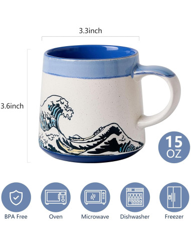 Taza de Cerámica Grande BICETTO Ukiyo-e 15oz Apta Microondas