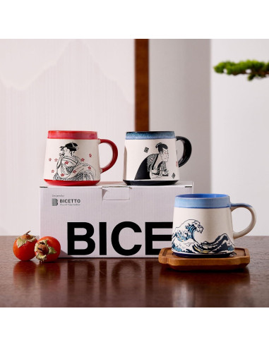 Taza de Cerámica Grande BICETTO Ukiyo-e 15oz Apta Microondas