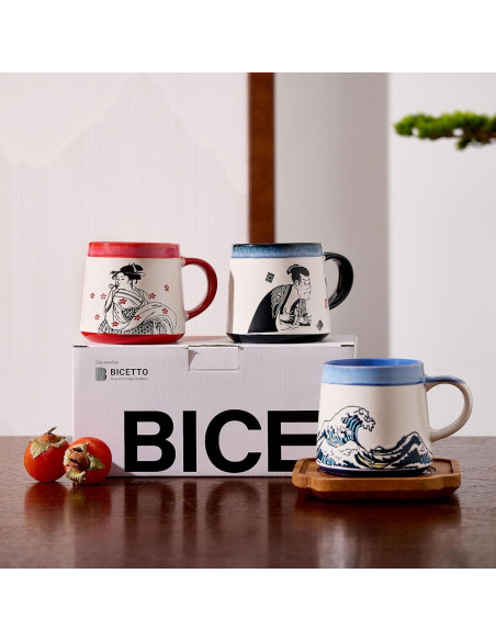 Taza de Cerámica Grande BICETTO Ukiyo-e 15oz Apta Microondas
