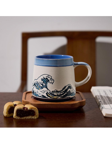 Taza de Cerámica Grande BICETTO Ukiyo-e 15oz Apta Microondas
