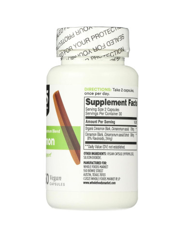 Suplemento de Canela 365 Whole Foods 60 Cápsulas Veganas
