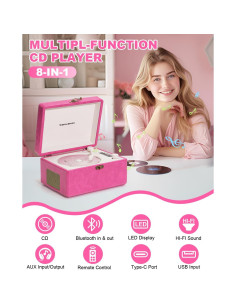 Reproductor de CD portátil TANLANIN rosa con Bluetooth y altavoces 2