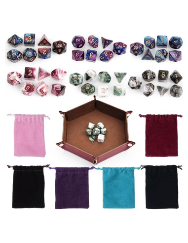 Set de Dados Poliedricos DND 42 Piezas con Bolsas y Bandeja