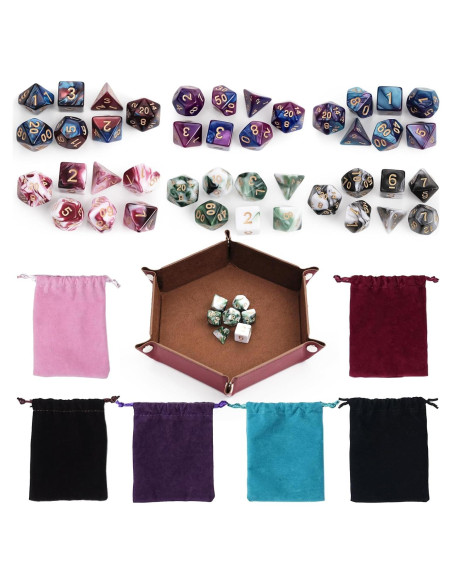 Set de Dados Poliedricos DND 42 Piezas con Bolsas y Bandeja