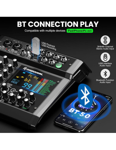 Mesa de Mezcla Digital 6 Canales RMX06 con Bluetooth y USB