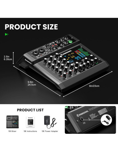 Mesa de Mezcla Digital 6 Canales RMX06 con Bluetooth y USB