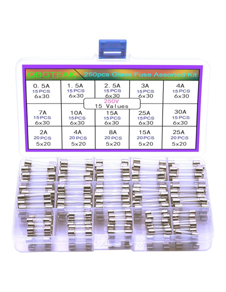 Kit de Fusibles de Vidrio 250 Piezas 5x20mm y 6x30mm Ted Lele