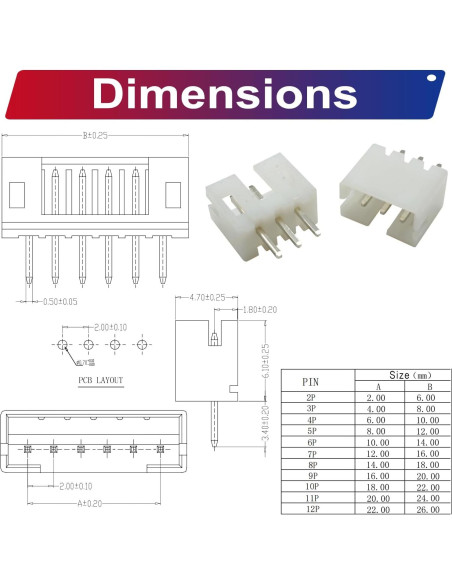 Kit de Conectores DIP JST PH2.0 96Pcs 2-12 Pin Vertical