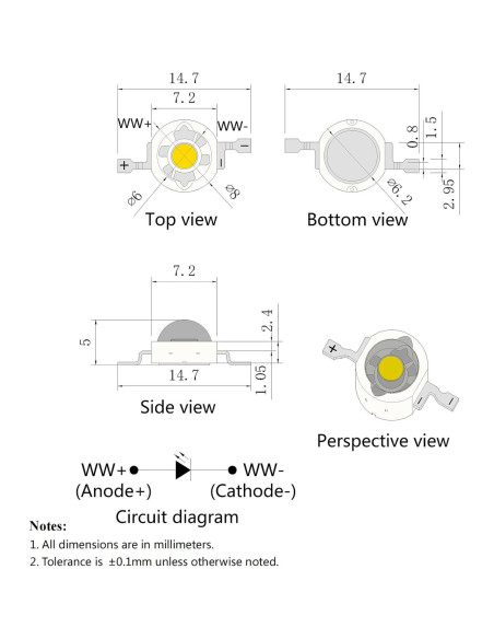 10 Pcs Chip LED 3W Blanco Cálido LEDGUHON CRI 95