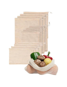 12 Bolsas Reutilizables de Malla Algodón 20x25cm y 30x35cm