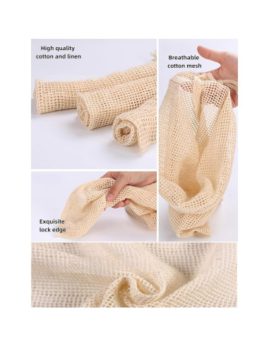 12 Bolsas Reutilizables de Malla Algodón 20x25cm y 30x35cm