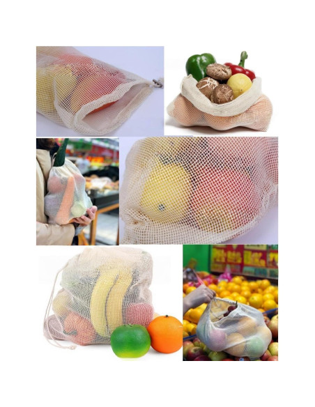 12 Bolsas Reutilizables de Malla Algodón 20x25cm y 30x35cm