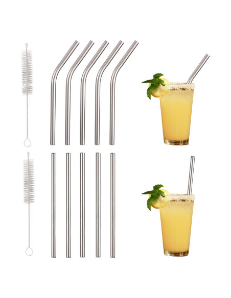 10 Pajitas Cortas de Acero Inoxidable Fukaisu 13cm Reutilizables