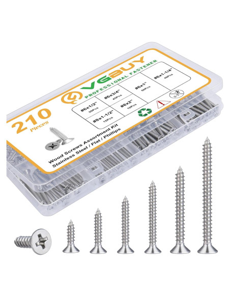Kit de Tornillos de Madera VGBUY 210 Piezas Acero Inoxidable