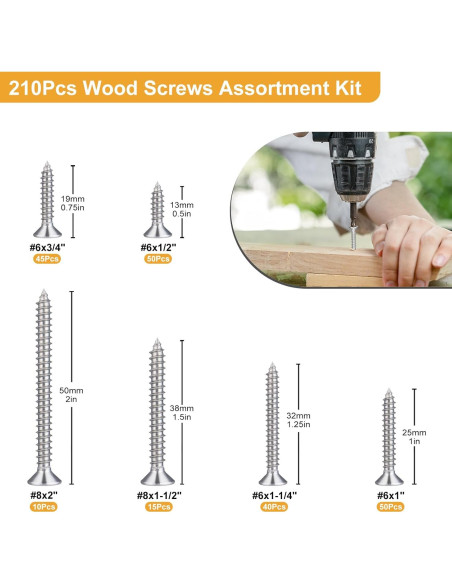 Kit de Tornillos de Madera VGBUY 210 Piezas Acero Inoxidable