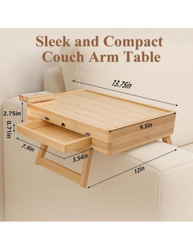 Mesa de Reposabrazos GRMLON de Bambú Natural con Cajón