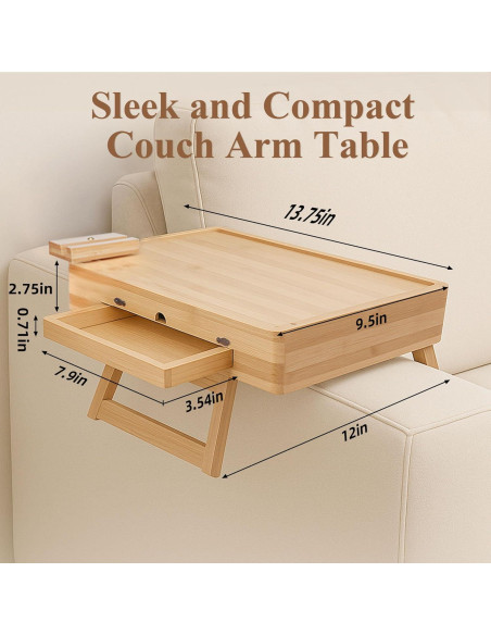 Mesa de Reposabrazos GRMLON de Bambú Natural con Cajón