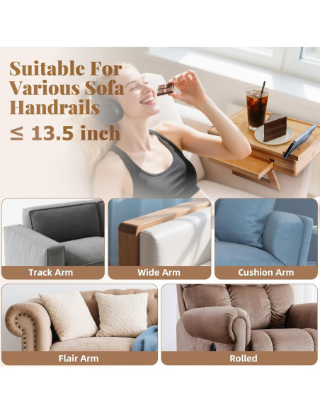 Mesa de Reposabrazos GRMLON de Bambú Natural con Cajón