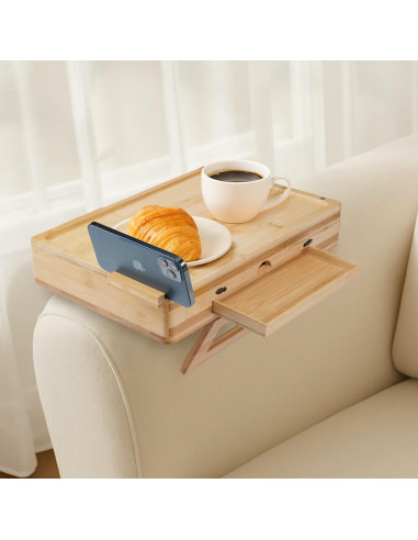 Mesa de Reposabrazos GRMLON de Bambú Natural con Cajón