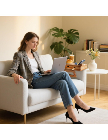 Mesa de Reposabrazos GRMLON de Bambú Natural con Cajón