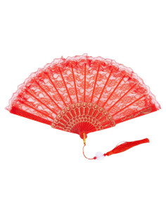 Abanico de Novia Bordado Rojo 42 cm Plegable para Bodas