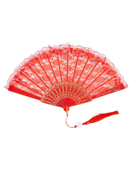 Abanico de Novia Bordado Rojo 42 cm Plegable para Bodas