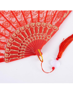 Abanico de Novia Bordado Rojo 42 cm Plegable para Bodas 2