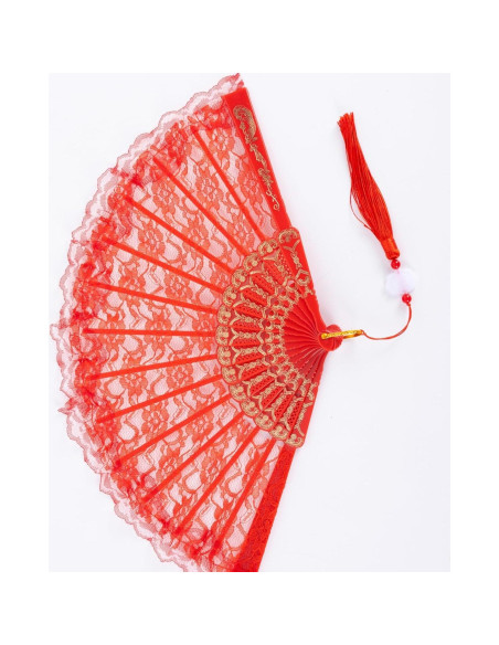 Abanico de Novia Bordado Rojo 42 cm Plegable para Bodas