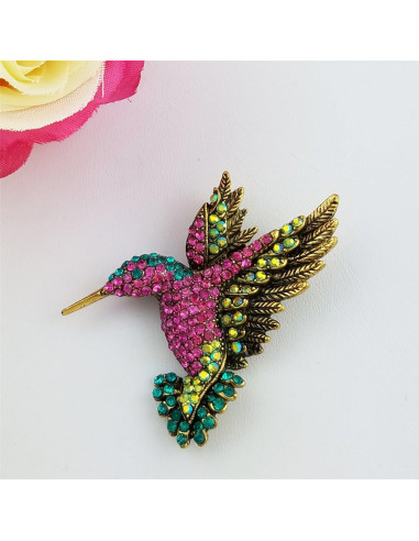 Broche de Cristal Austríaco SELOVO Pájaro Colibrí Dorado 5.6x4.6cm