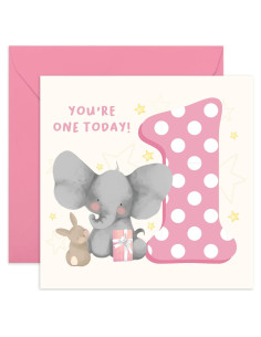 Tarjeta de Cumpleaños 1er Año CENTRAL 23 Elefante Conejo