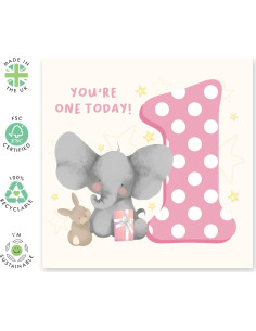 Tarjeta de Cumpleaños 1er Año CENTRAL 23 Elefante Conejo 2