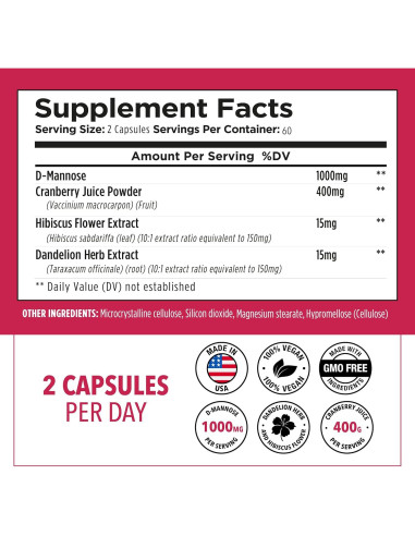 Cápsulas D-Mannosa 1000mg Plantvital con Arándano - 120 Unidades