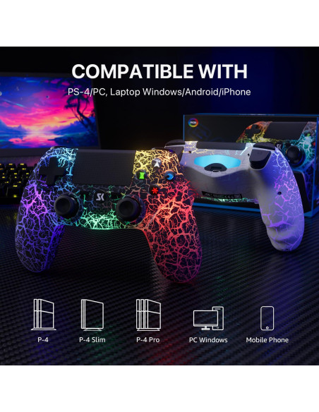Controlador Inalámbrico ISHAKO para PS4/Pro/Slim - RGB, 1000mAh