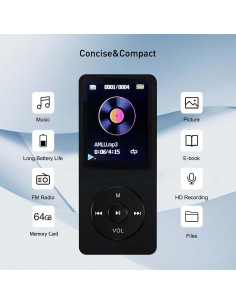 Reproductor MP3 Arungo 64GB con Altavoz y Auriculares 2