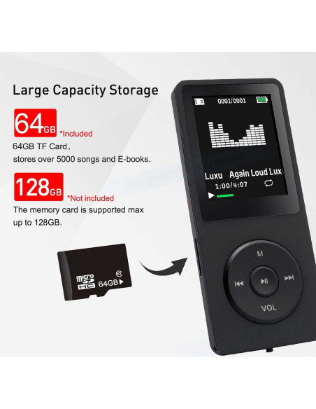 Reproductor MP3 Arungo 64GB con Altavoz y Auriculares