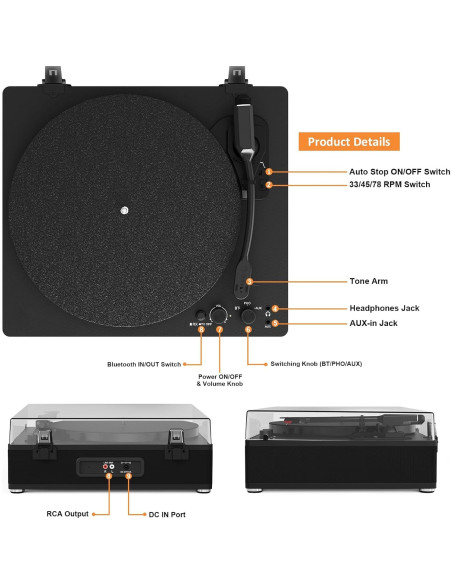 Reproductor de Vinilo Bluetooth TANLANIN TE-3008BK-TA 3 Velocidades