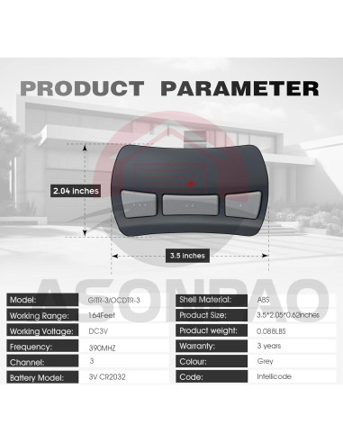 Control Remoto de Garaje ASONPAO OCDTR-3, 2 Baterías Incluidas