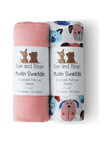 Manta de Muselina para Bebé Roo y Bear 120x120 cm 2 Piezas Perros