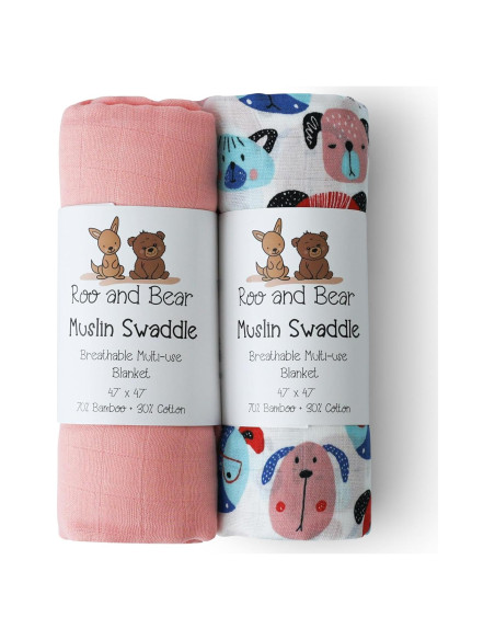 Manta de Muselina para Bebé Roo y Bear 120x120 cm 2 Piezas Perros