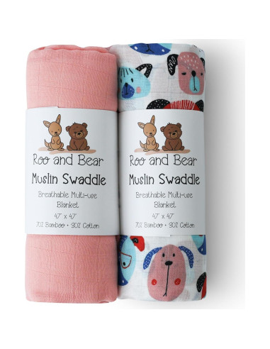 Manta de Muselina para Bebé Roo y Bear 120x120 cm 2 Piezas Perros