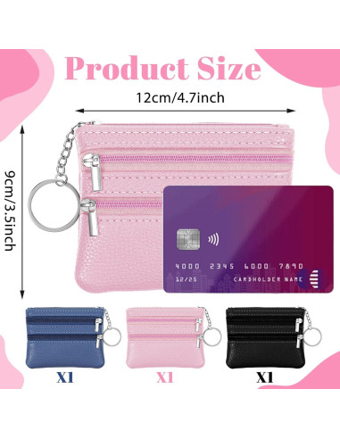 3 Monederos Compactos BOHUIZ con Cremallera - Negro, Azul, Rosa