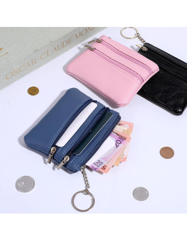 3 Monederos Compactos BOHUIZ con Cremallera - Negro, Azul, Rosa