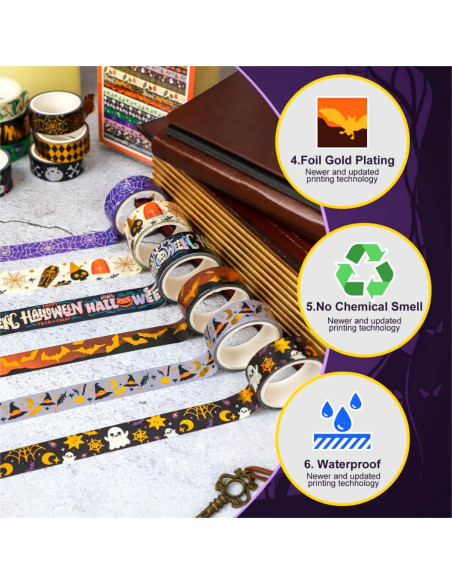16 Rollos de Cinta Washi Halloween Sereliy con Foil Dorado