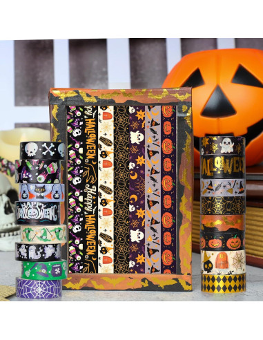 16 Rollos de Cinta Washi Halloween Sereliy con Foil Dorado