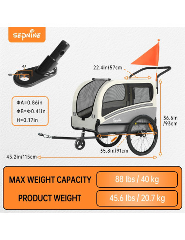 Remolque de bicicleta para perros Sepnine 40 kg gris oscuro